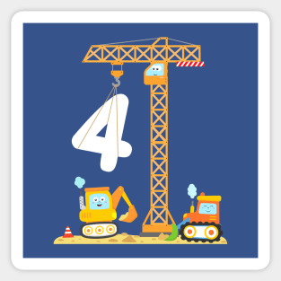 4th Birthday Kids Construction Excavator Crane Bulldozer Sticker